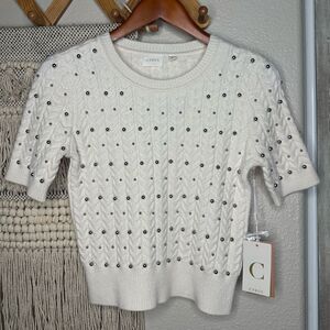 CYRUS Cream Cable Knit Silver Studded Sweater Top (XS)